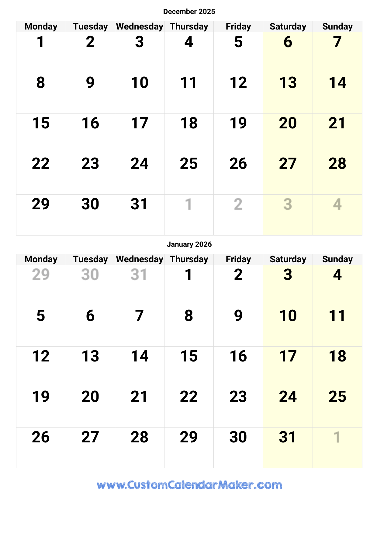 Calendar for December 2025 and January 2026