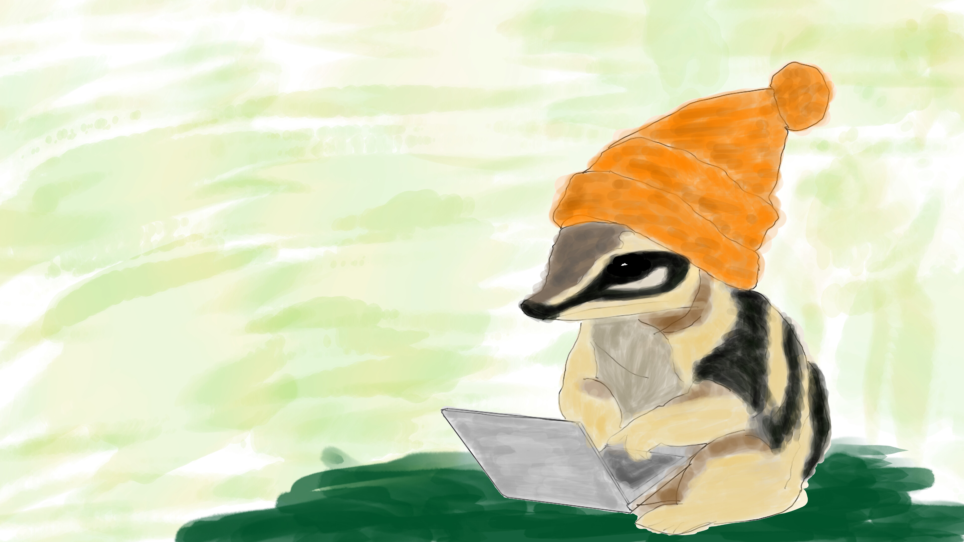 A whimsical drawing of a numbat-like creature wearing an orange beanie and working on a laptop