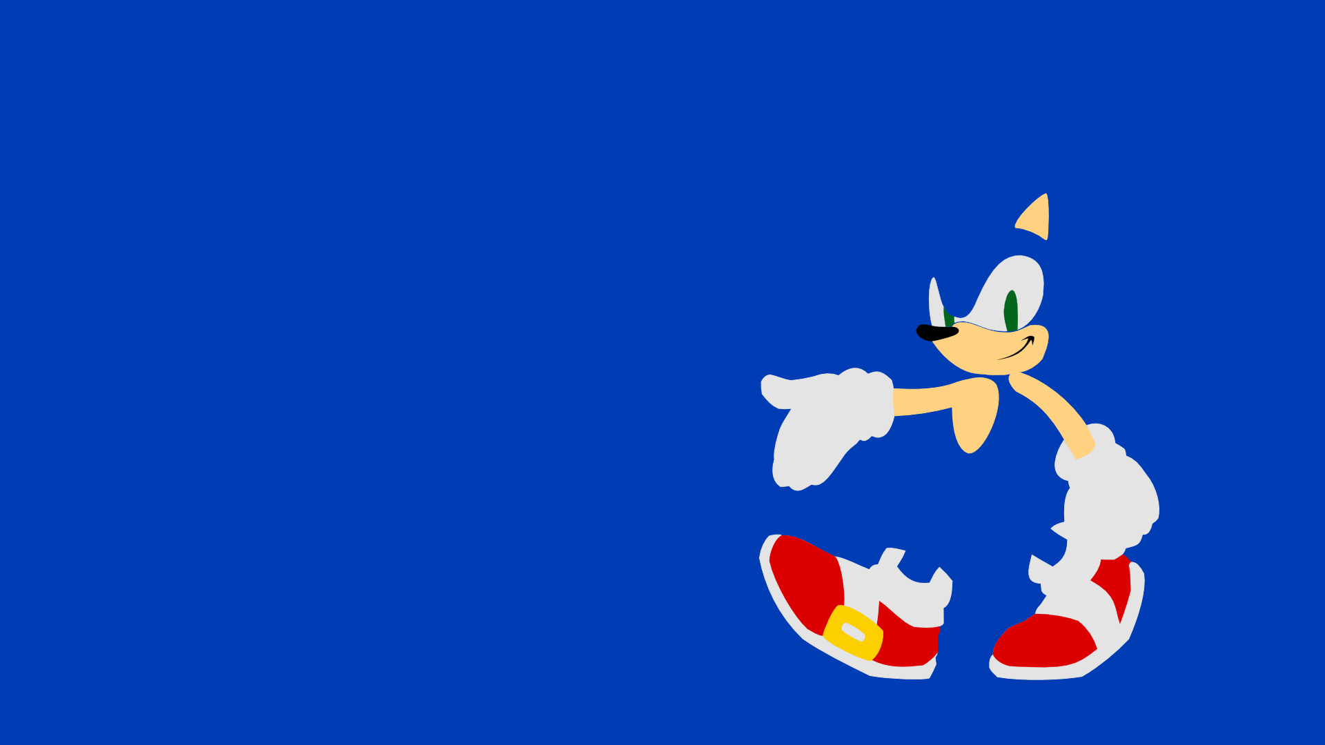 A minimalist, vibrant illustration of Sonic the Hedgehog against a solid blue backdrop. Sonic is depicted mid-stride, pointing forward, with a confident expression