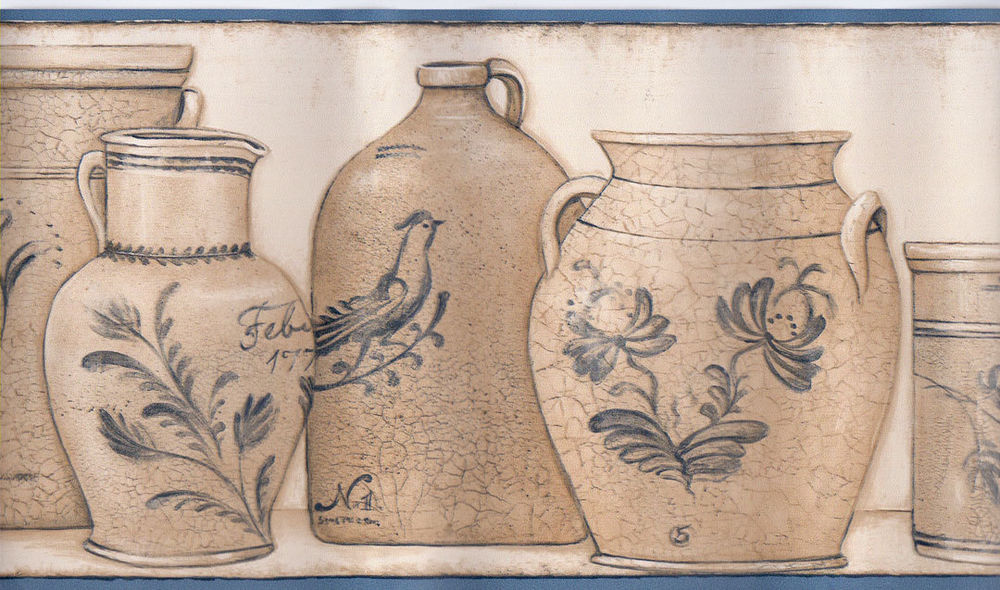 Free download Mason Jars Crocks on Shelf Delft Blue Tan Only 6 Wallpaper Border CR [1000x590