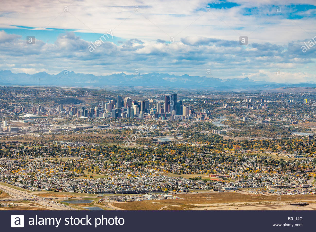 Aerial view of the city of Calgary Alberta Canada with the Rocky