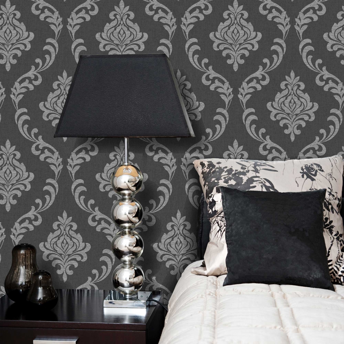 Shop By Brand Fine Decor Torino Black And Grey Damask Wallpaper