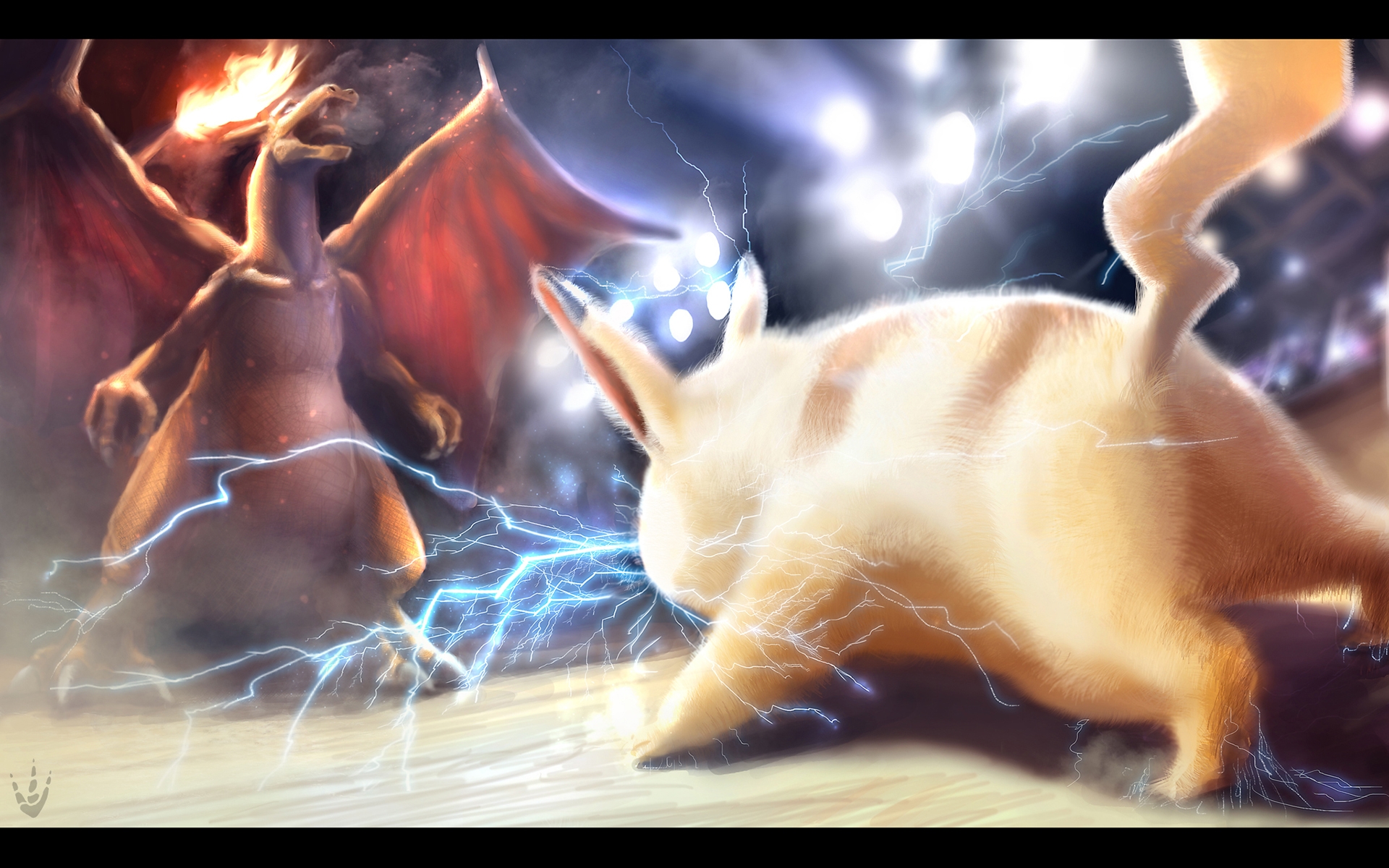Pikachu Vs Charizard In A Digital Painting Style