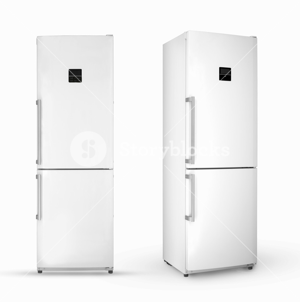 Modern Household Two Chamber Refrigerator On A White Background