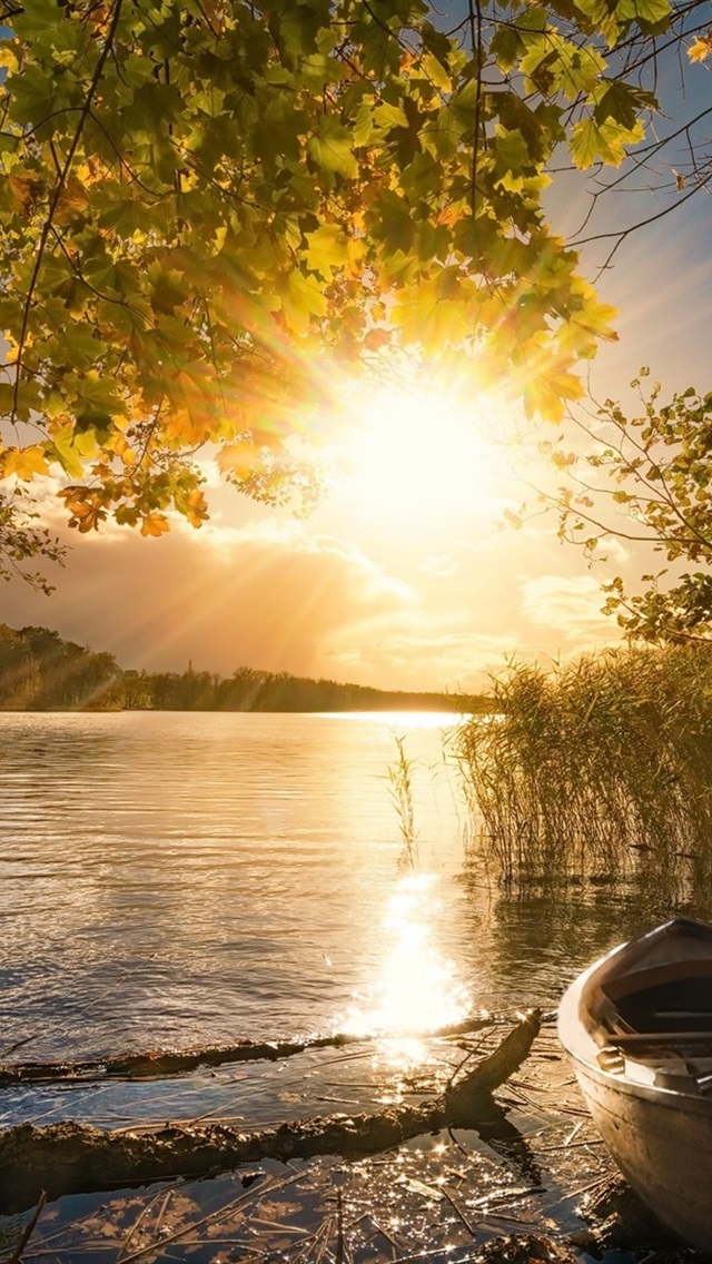 Lake trees boats sun rays autumn morning fog 640x1136 iPhone