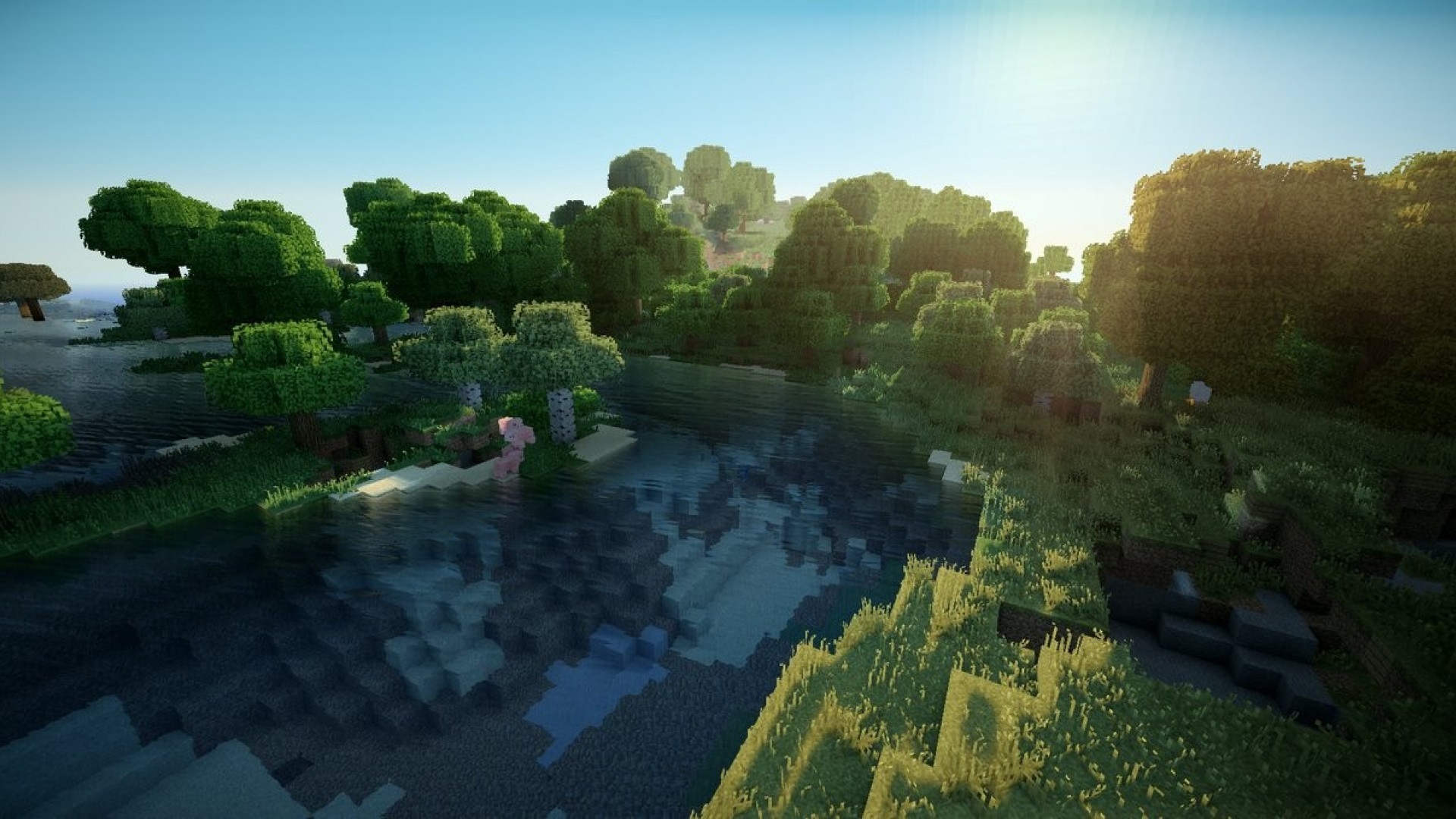 A scenic Minecraft landscape at sunset with a river flowing through a lush forest