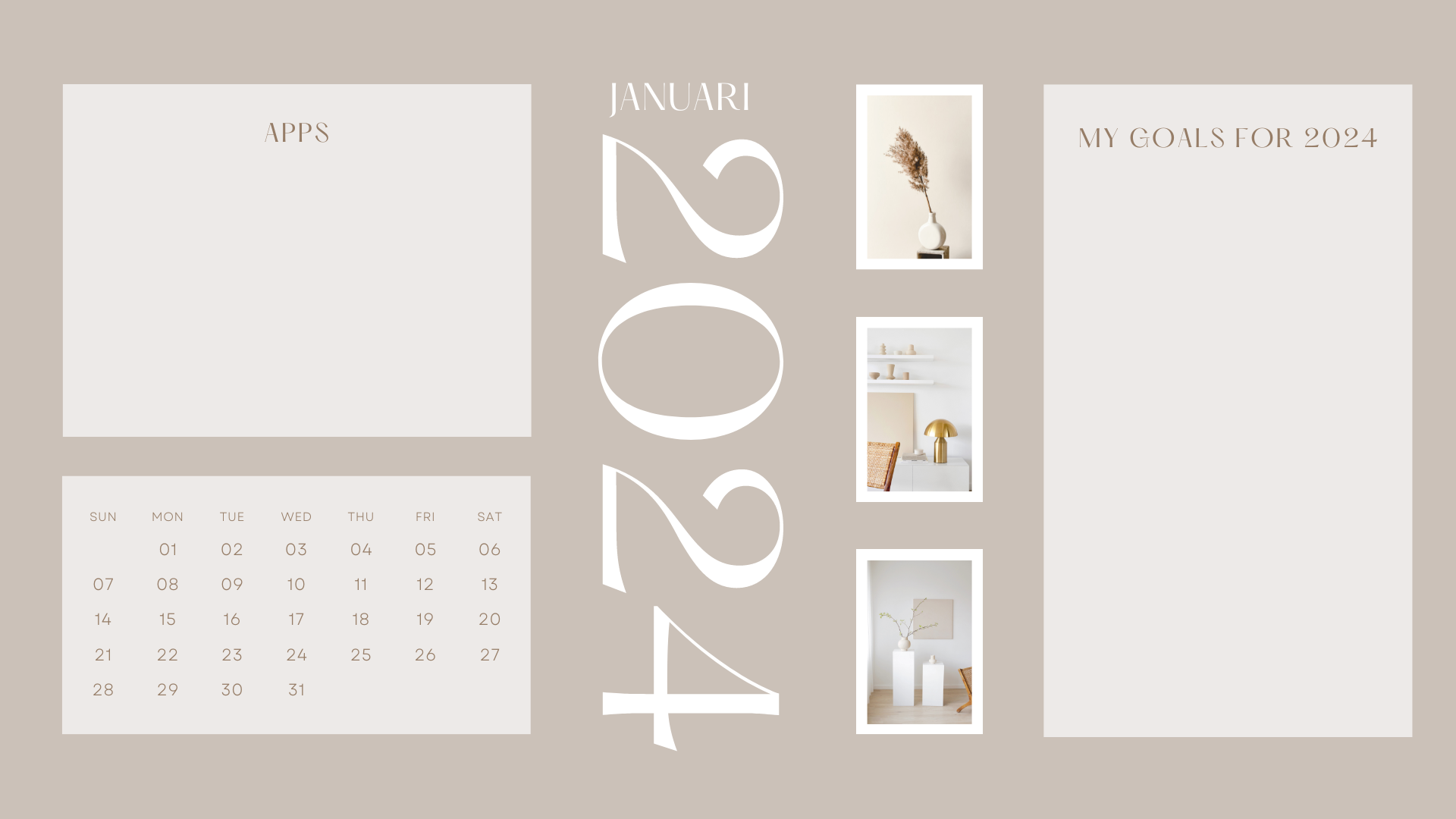 Aesthetic 2024 wallpaper with January calendar and space for apps and goals