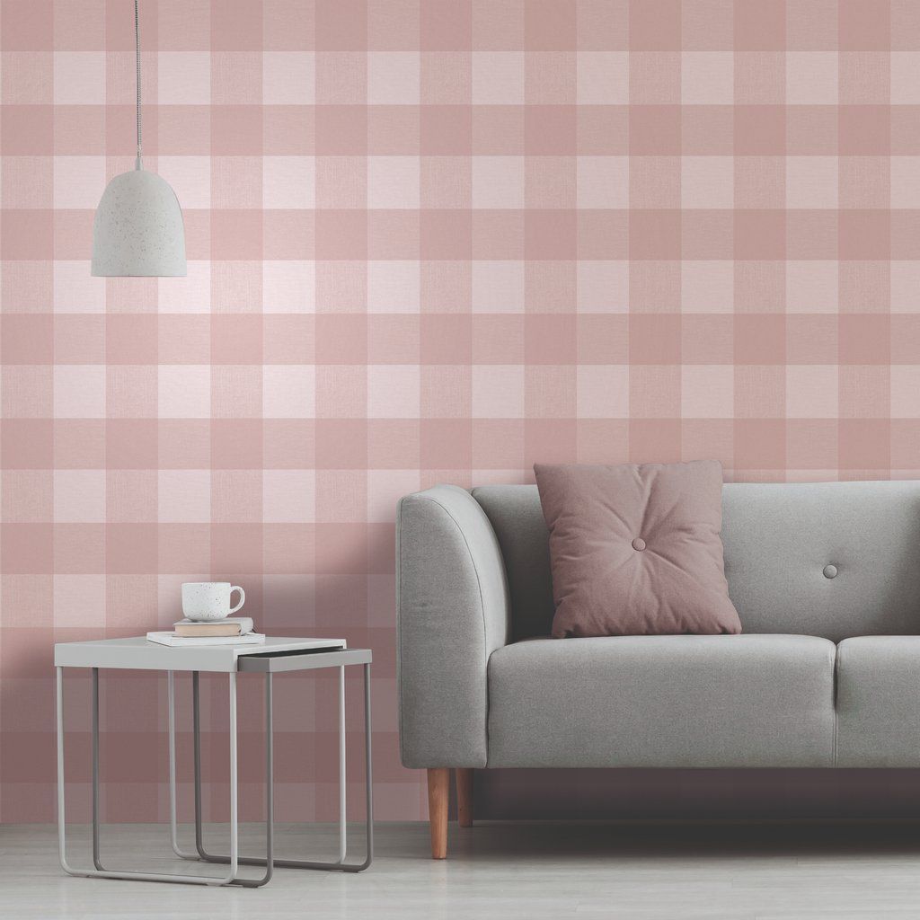 Glamorous Check Rose Blush Home Wallpaper Glitter Decor
