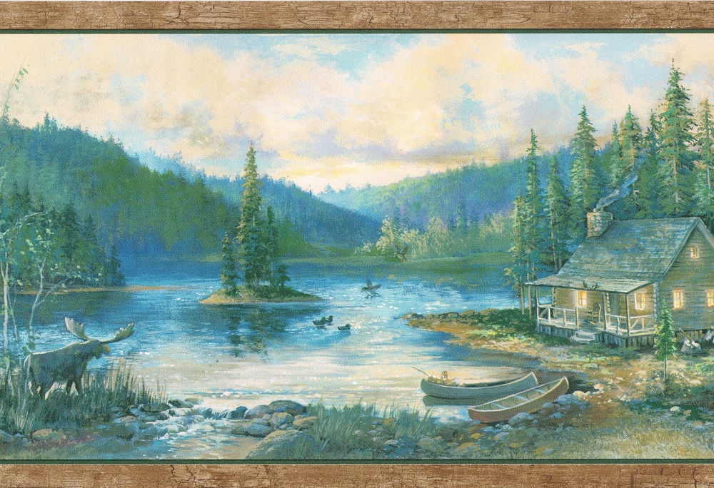 Free Download Log Cabin Canoes Ducks Birch Trees Country Wallpaper