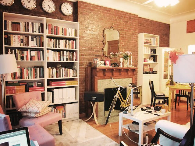 Ikea White Billy Bookcases Exposed Brick Wall Fireplace