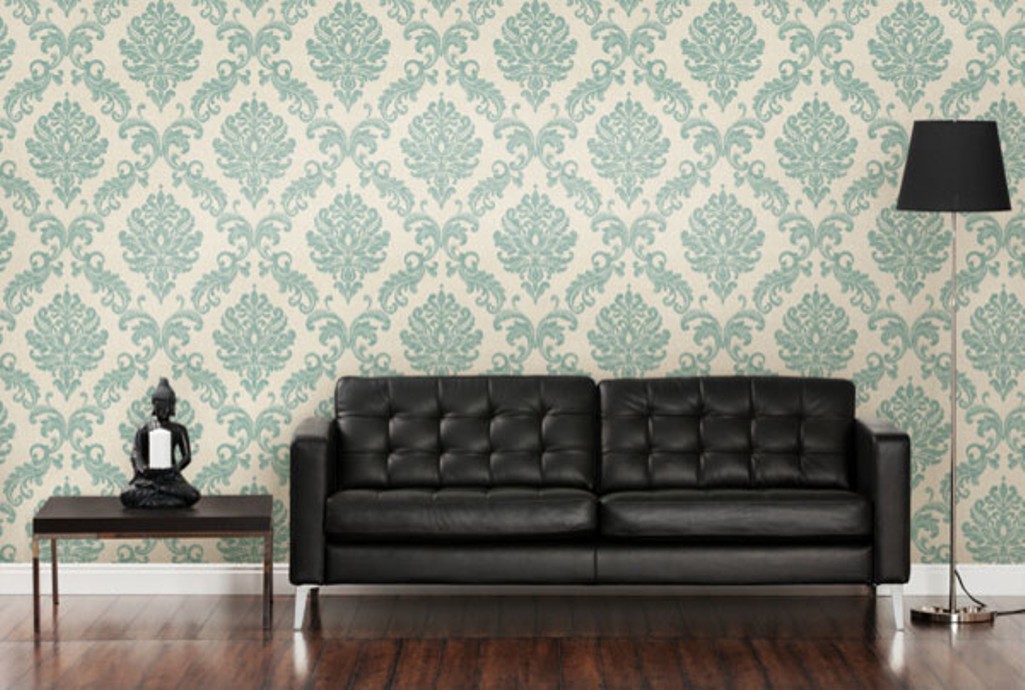 Contemporary Living Room With Damask Wallpaper