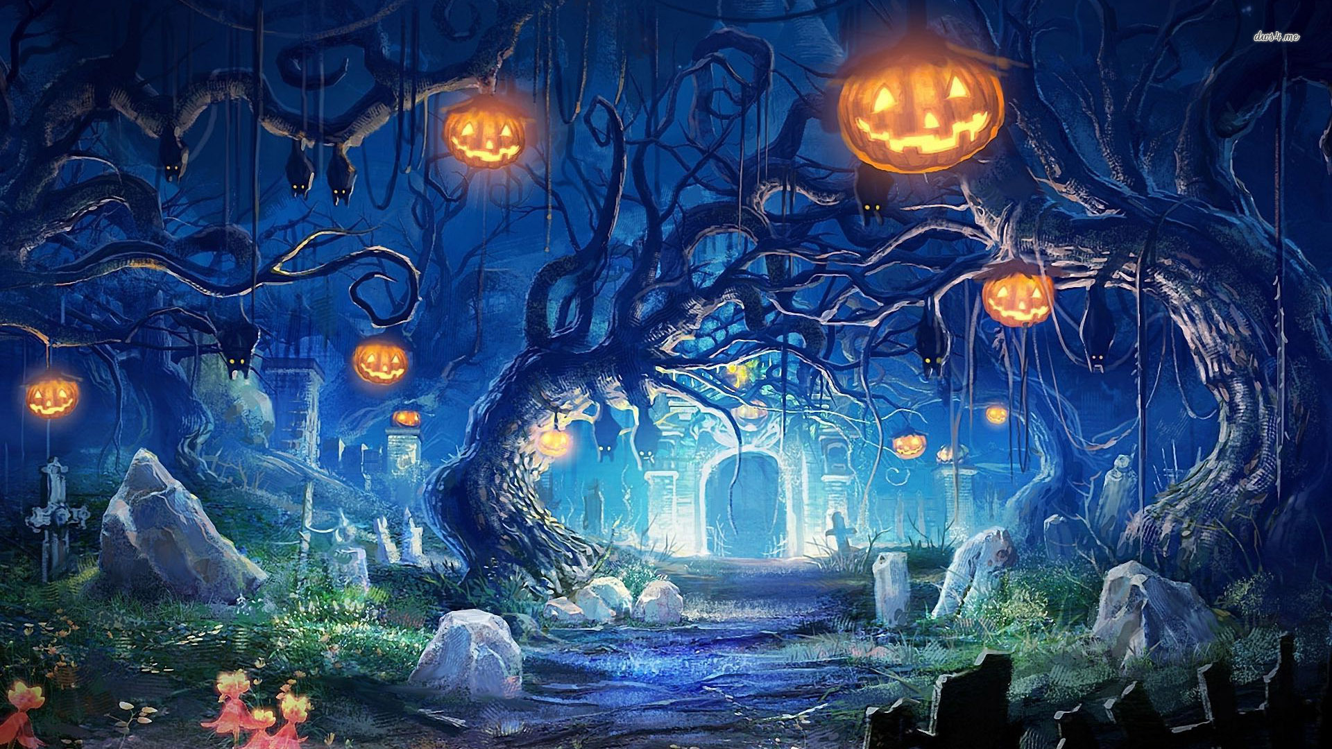 Halloween Night In The Cemetery Wallpaper Holiday