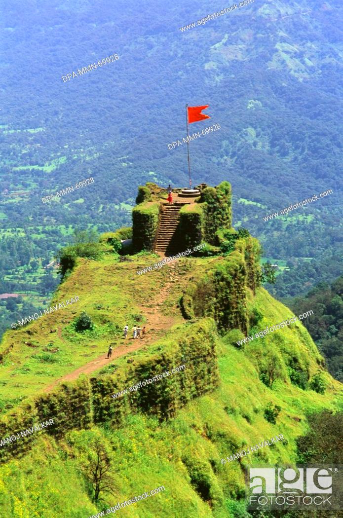 View of saffron flag at Pratapgad Mahabaleshwar Maharashtra