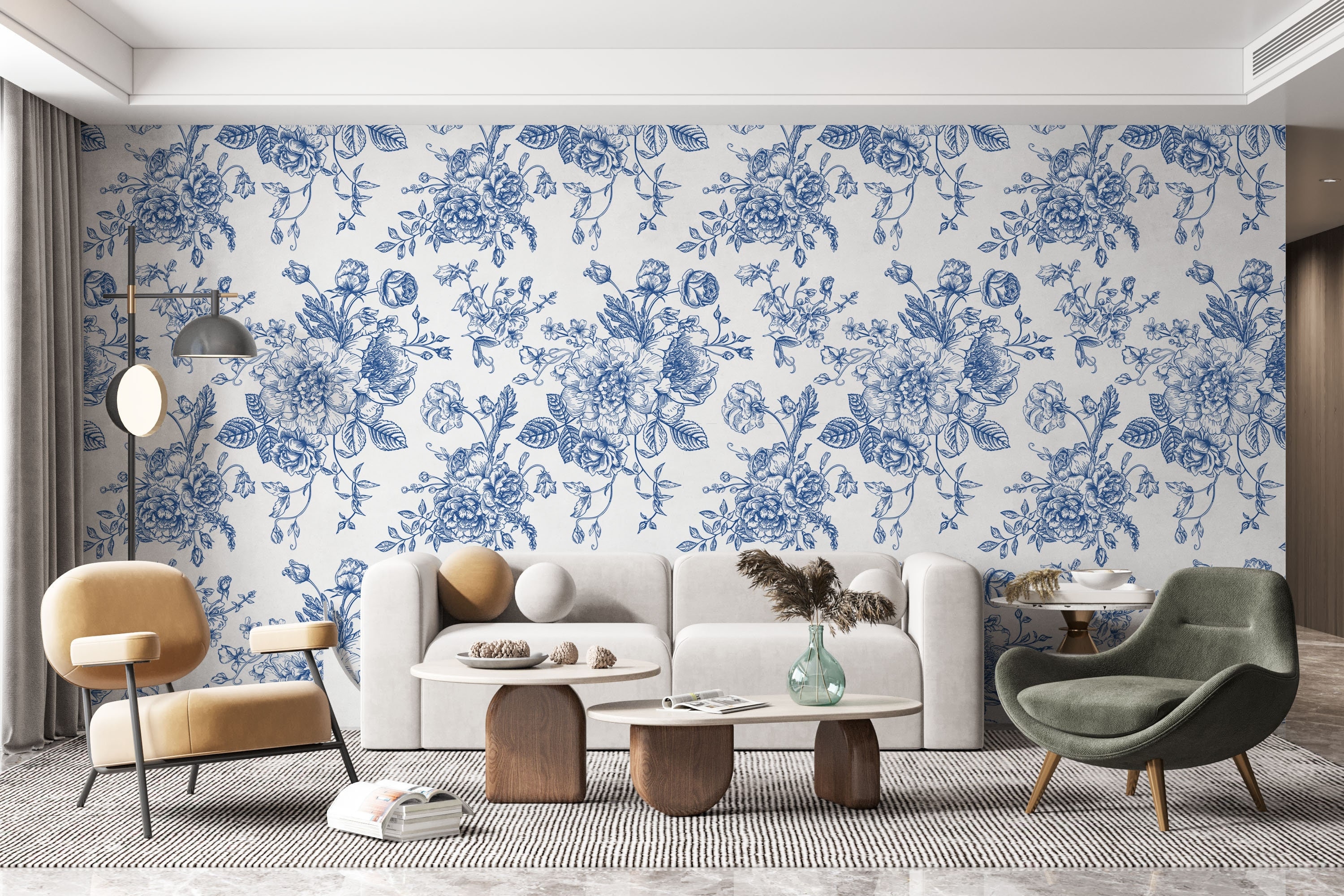 Sketch Flowers Blue And White Pine Cypress Floral Wallpaper