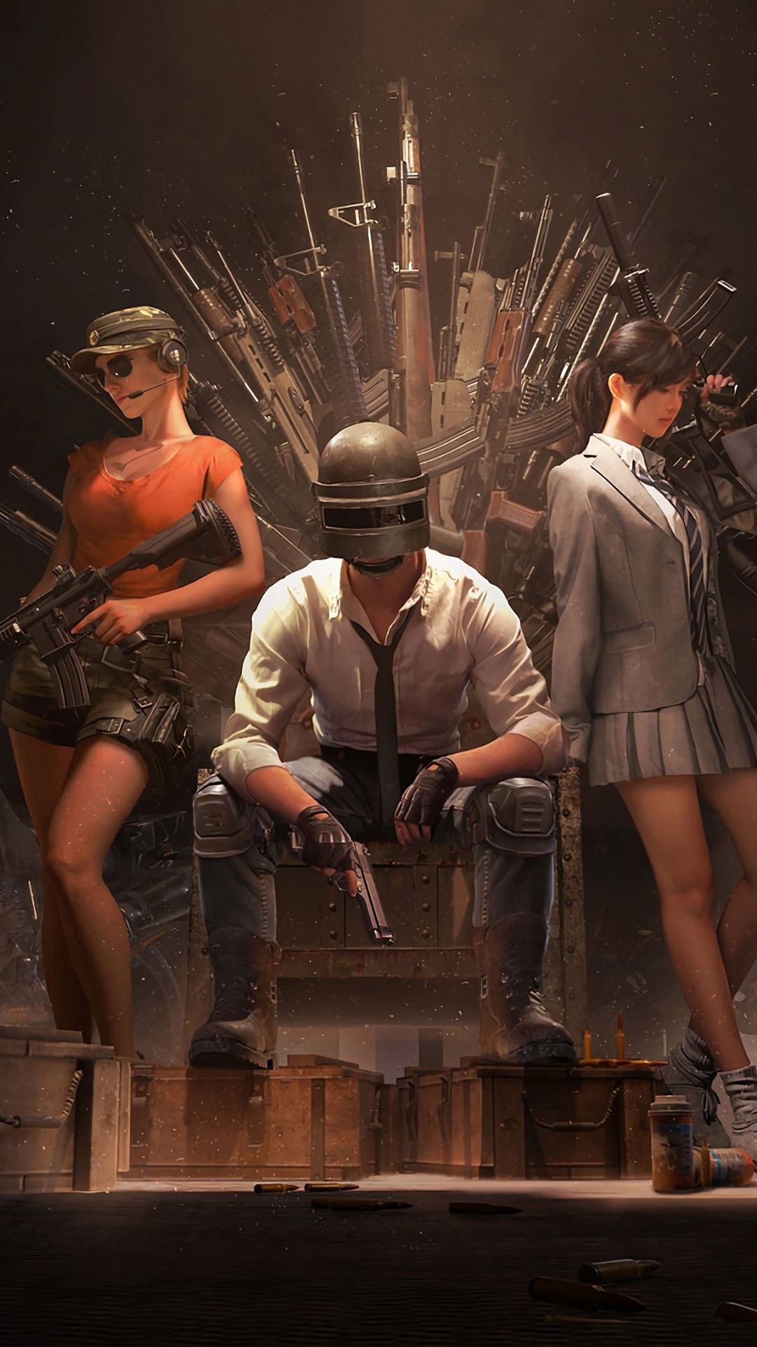 Pubg Helmet Guy With Girls Guns Throne Video Game