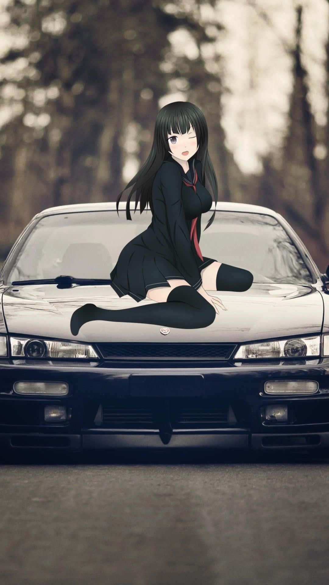 Download A Girl Sitting On The Hood Of A Car Wallpaper