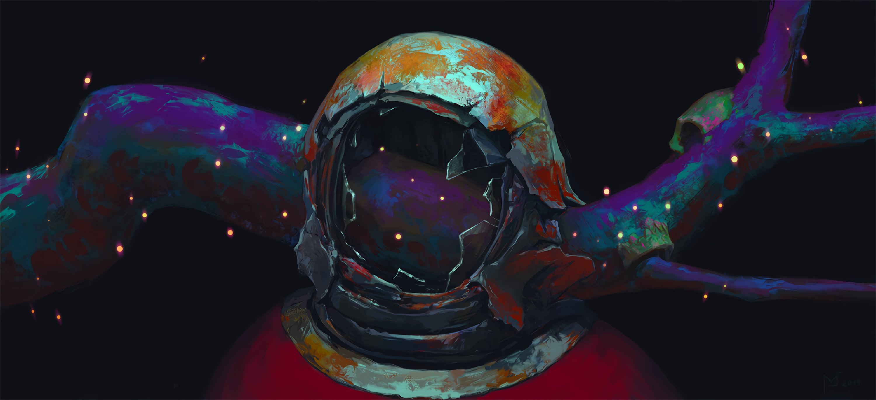 Wallpaper Astronaut Broken Helmet Branch Rust Fireflies