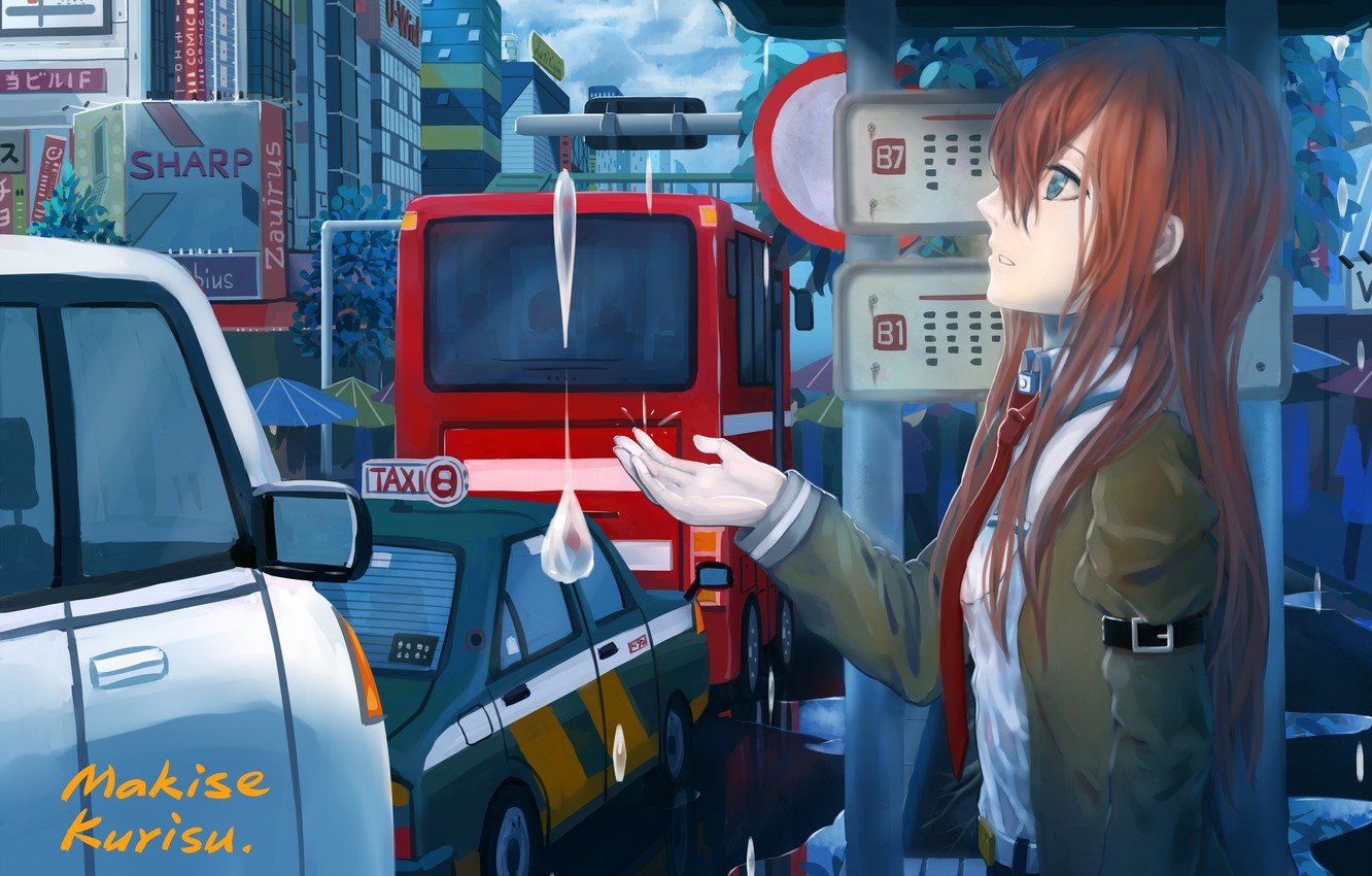 Wallpaper Look Girl Drops The City Bus Cars Anime Art Stop