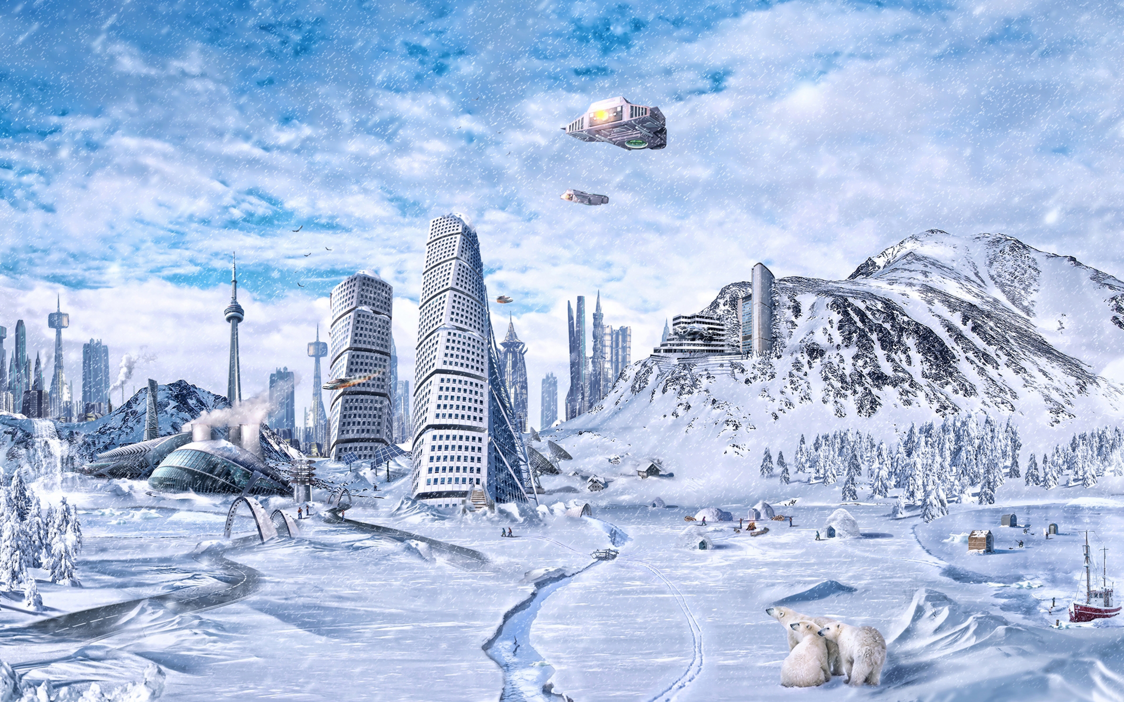 Wallpaper Pla World Winter Snow City Science Fiction