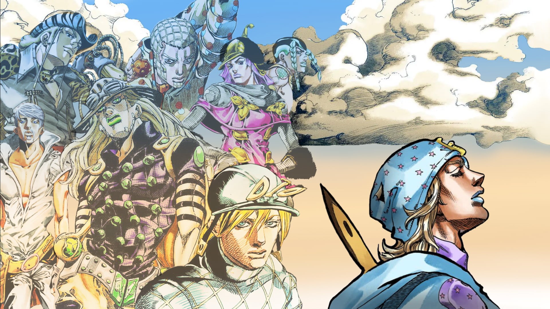 A group of characters from JoJo's Bizarre Adventure, with Johnny Joestar in the foreground