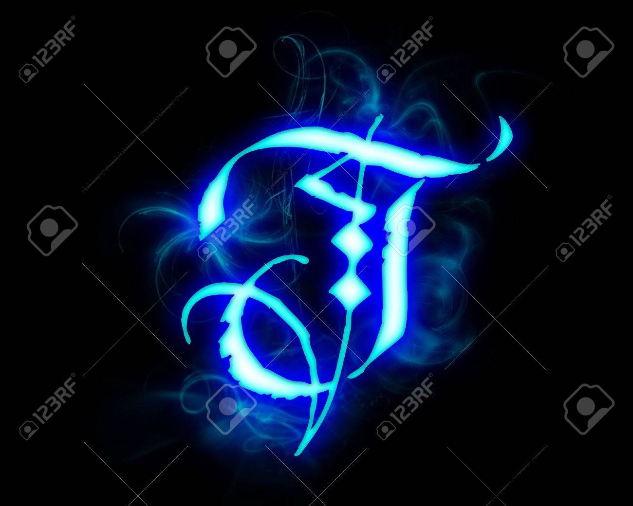 Blue Flame Magic Font Over Black Background Letter T Stock Photo
