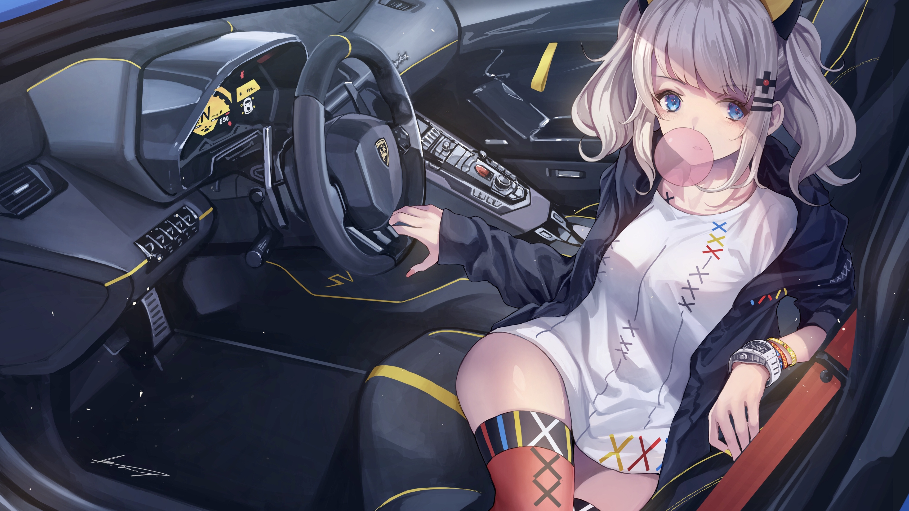Anime Girl In Lamborghini Blowing Bubble Gum 4k HD Wallpaper Image
