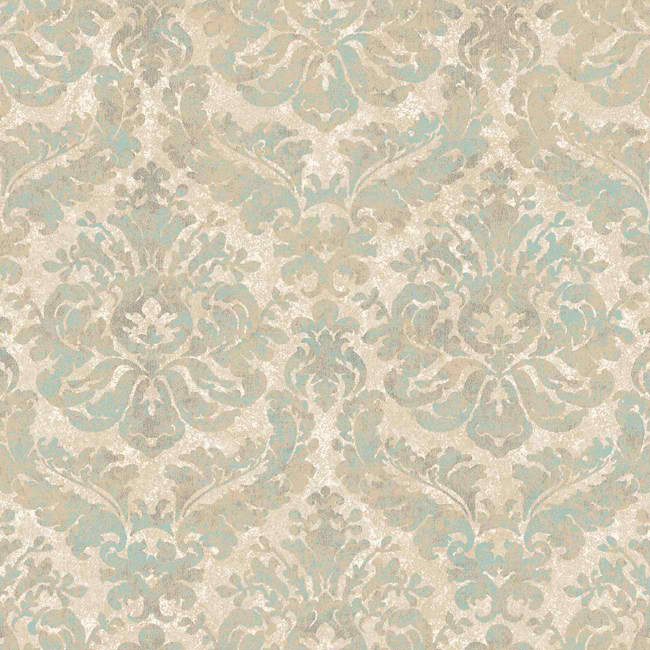 Teal Tan Gg4768 Feathery Damask Wallpaper Traditional