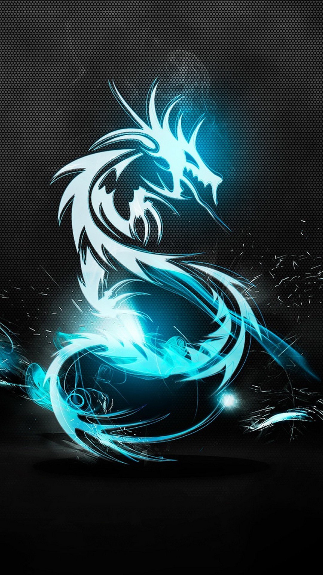 A stylized, glowing turquoise dragon on a dark, textured background, suitable for a phone wallpaper