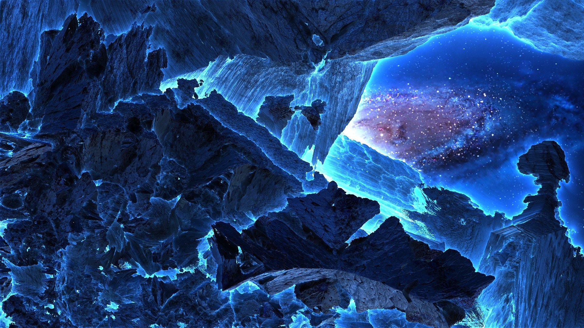 A breathtaking view of a galaxy through a cave carved in ice, glowing with a vibrant blue light. Perfect for ice wallpaper enthusiasts