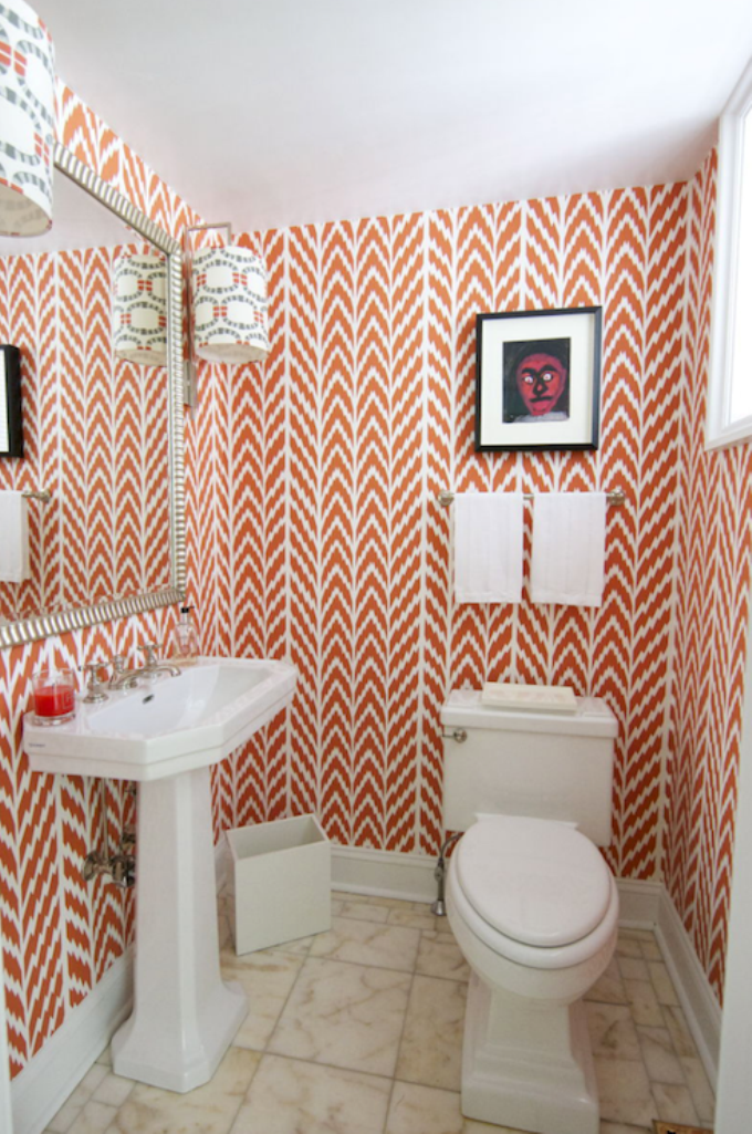 Funky Bathroom with Coral Geometric Wallpaper