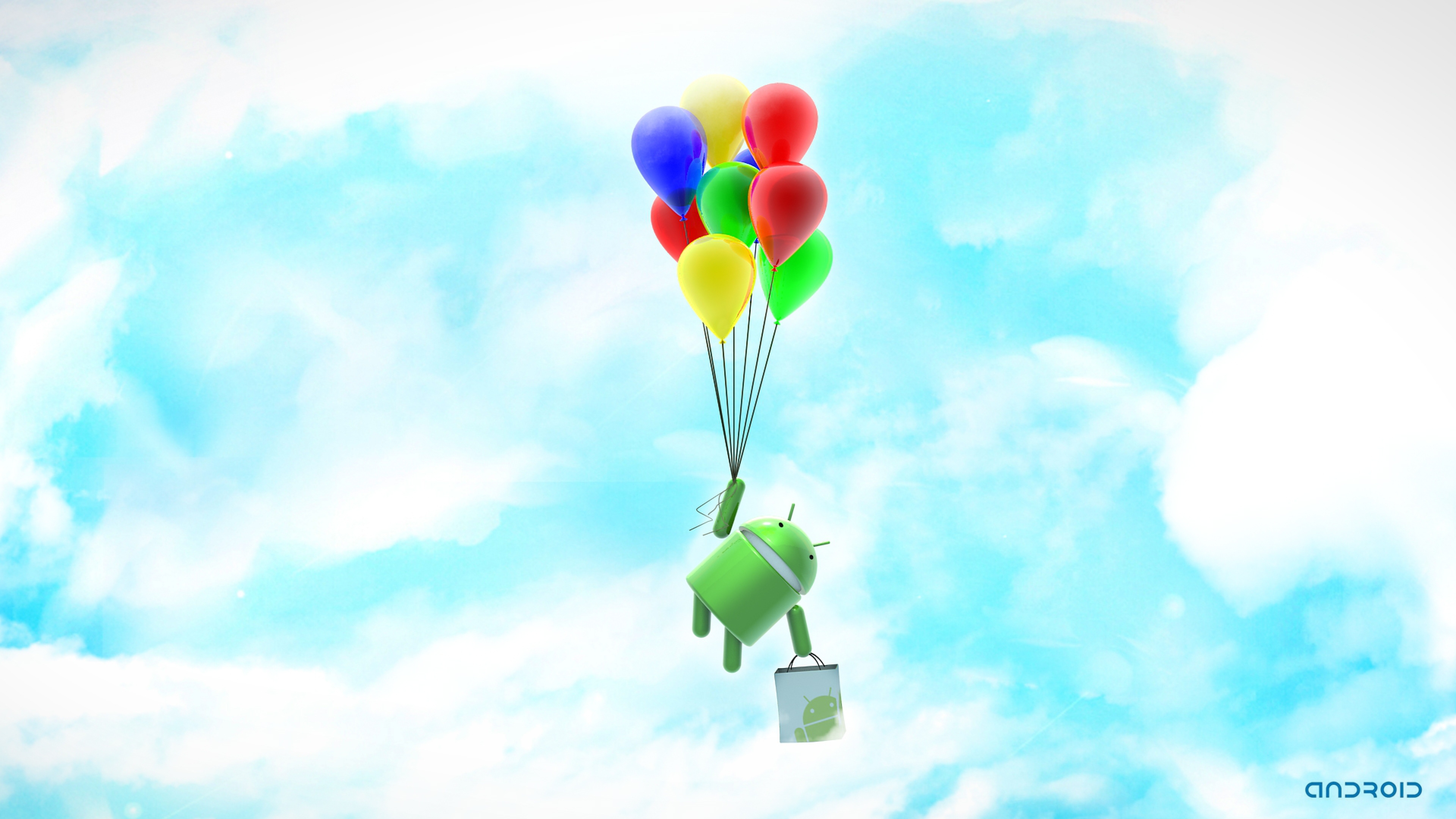 Android System Robot Clouds Sky Balloons 4k Ultra HD