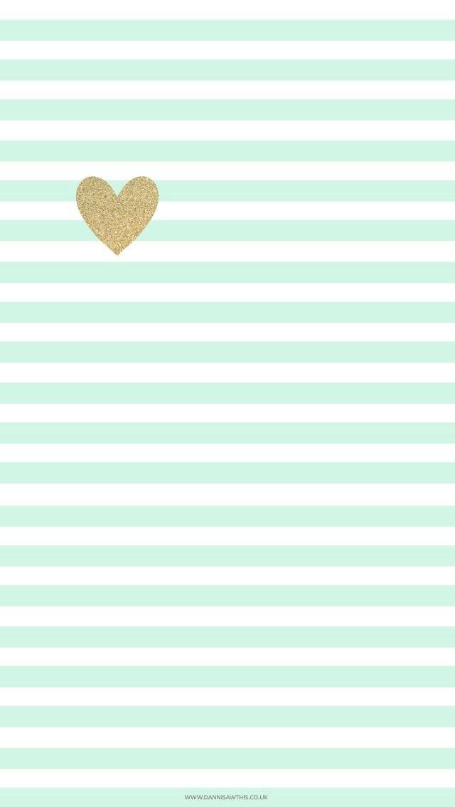 Mint Green Stripes And Gold Heart Wallpaper
