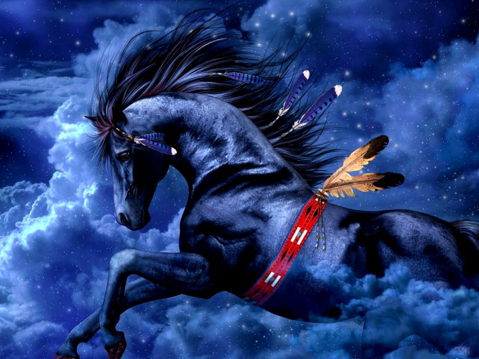Black Stallion In Clouds With Native American Feathers Wallpaper