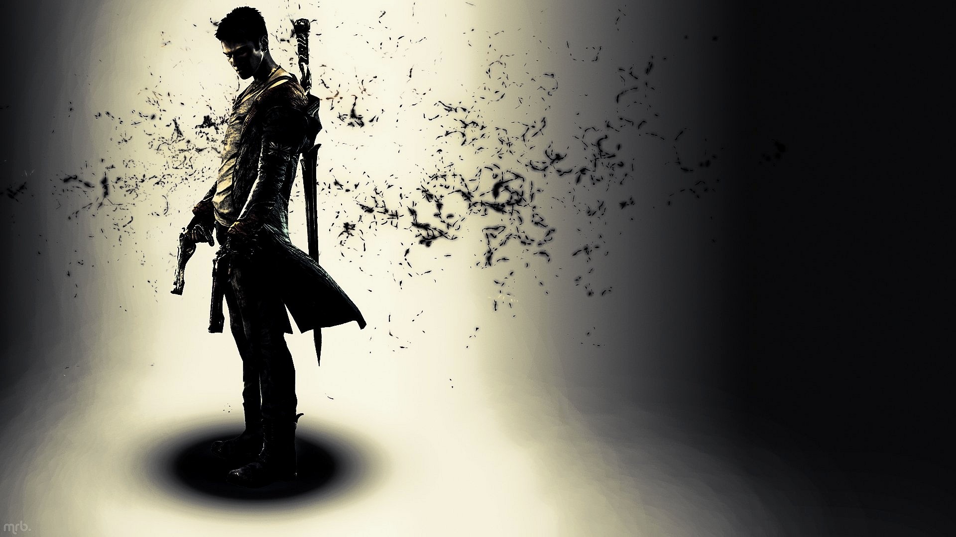 A dark, gritty figure with a sword and guns, reminiscent of a video game character, stands amidst a swirl of dark particles