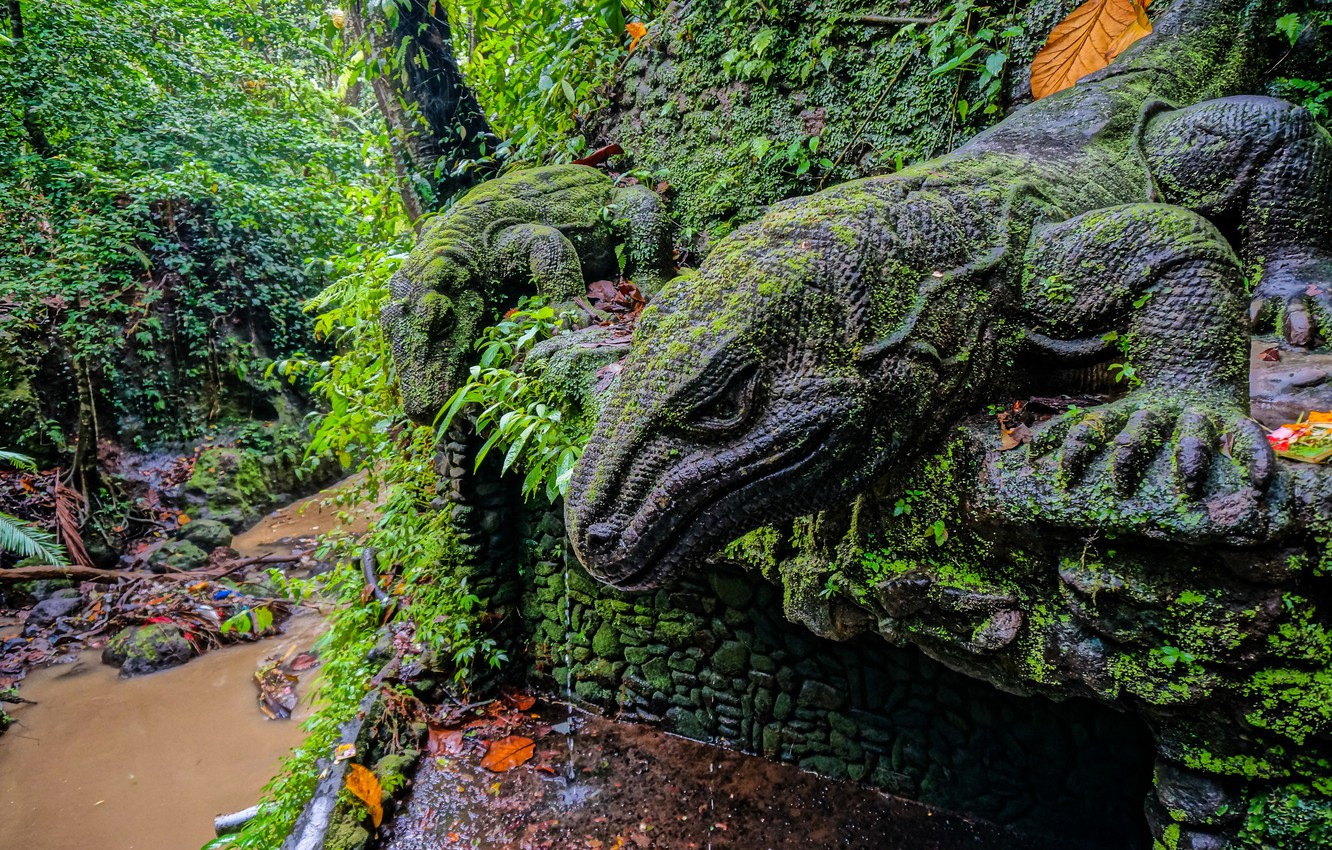 Wallpaper Forest River Bali Indonesia Statues Reserve