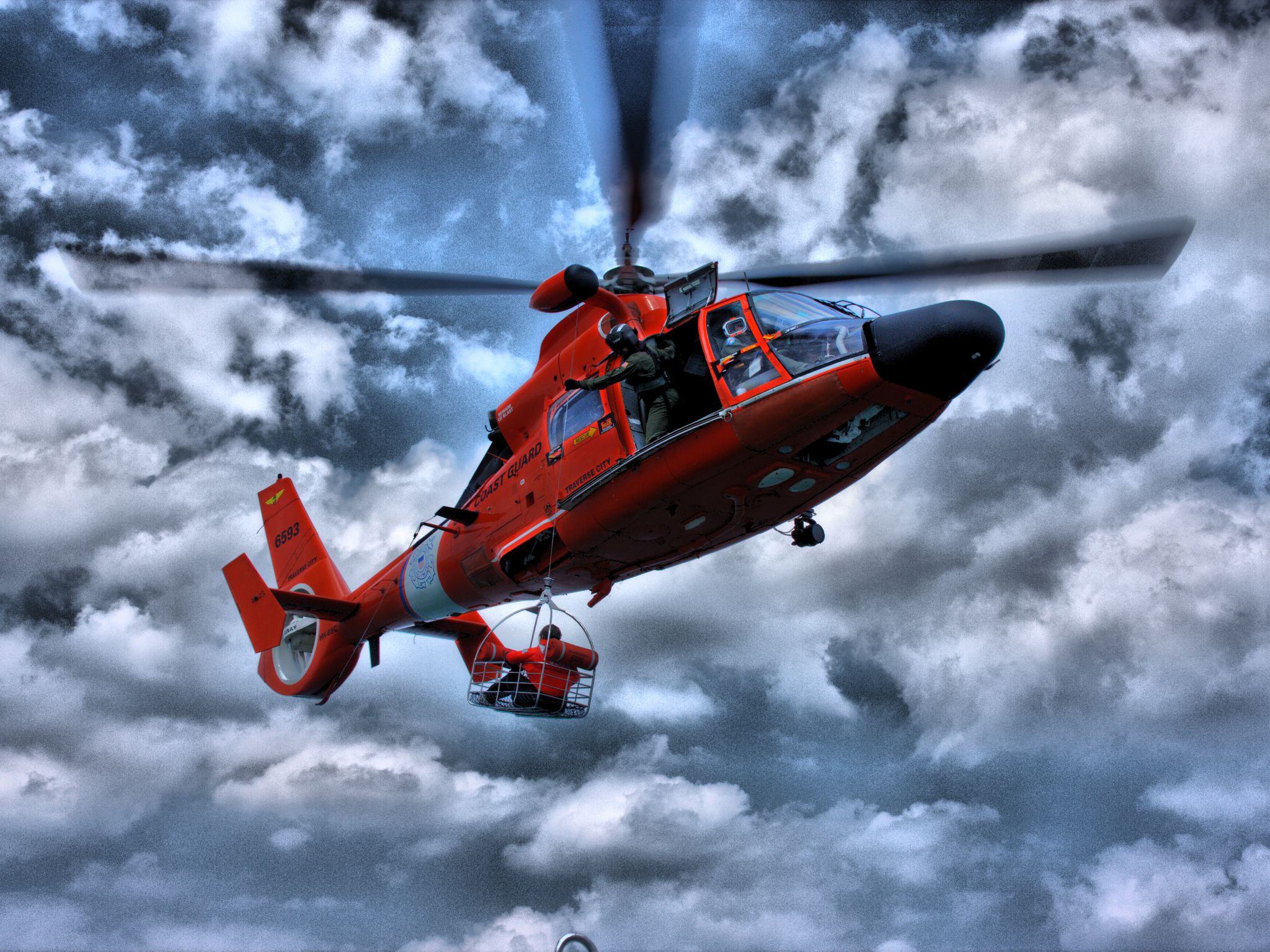 Full Size Red Chopper Of Coast Guard Helicopter Wallpaper