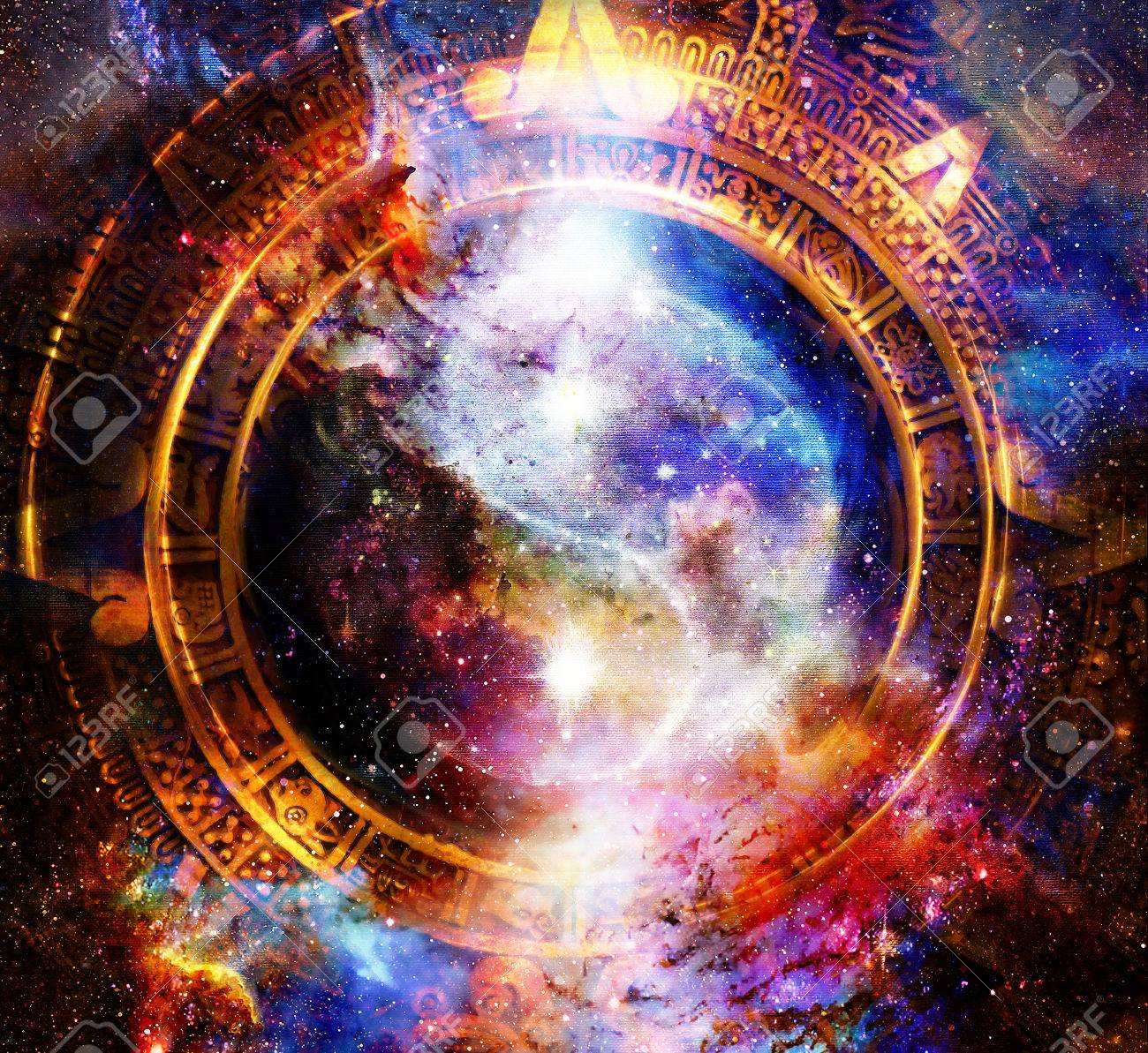 Yin Yang Symbol In Maya Calendar Cosmic Space Background Stock