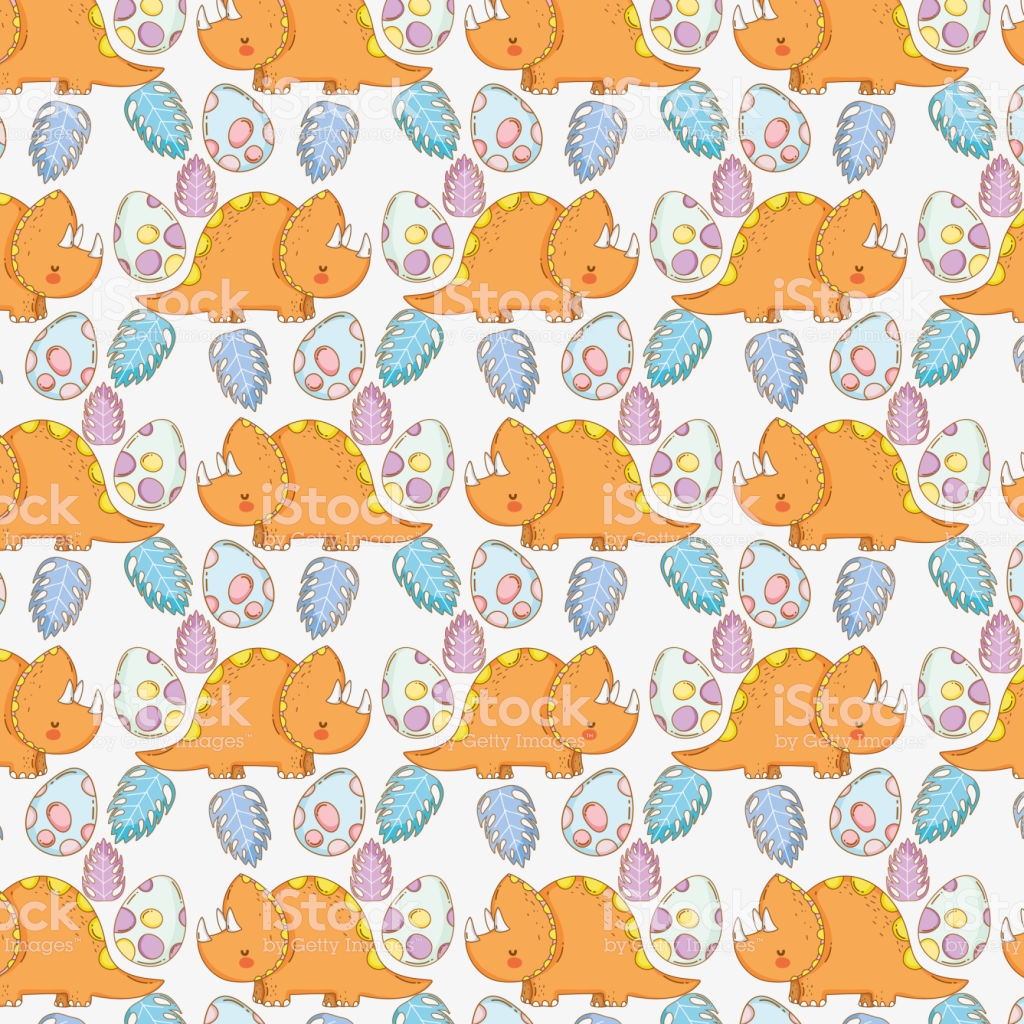 Triceratops With Cute Dino Eggs And Leaves Background Stock