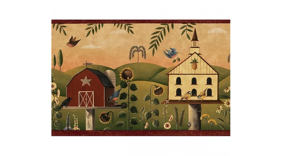Colorful Flowers Warner Border 120 Country Birdhouses Wallpaper Borders