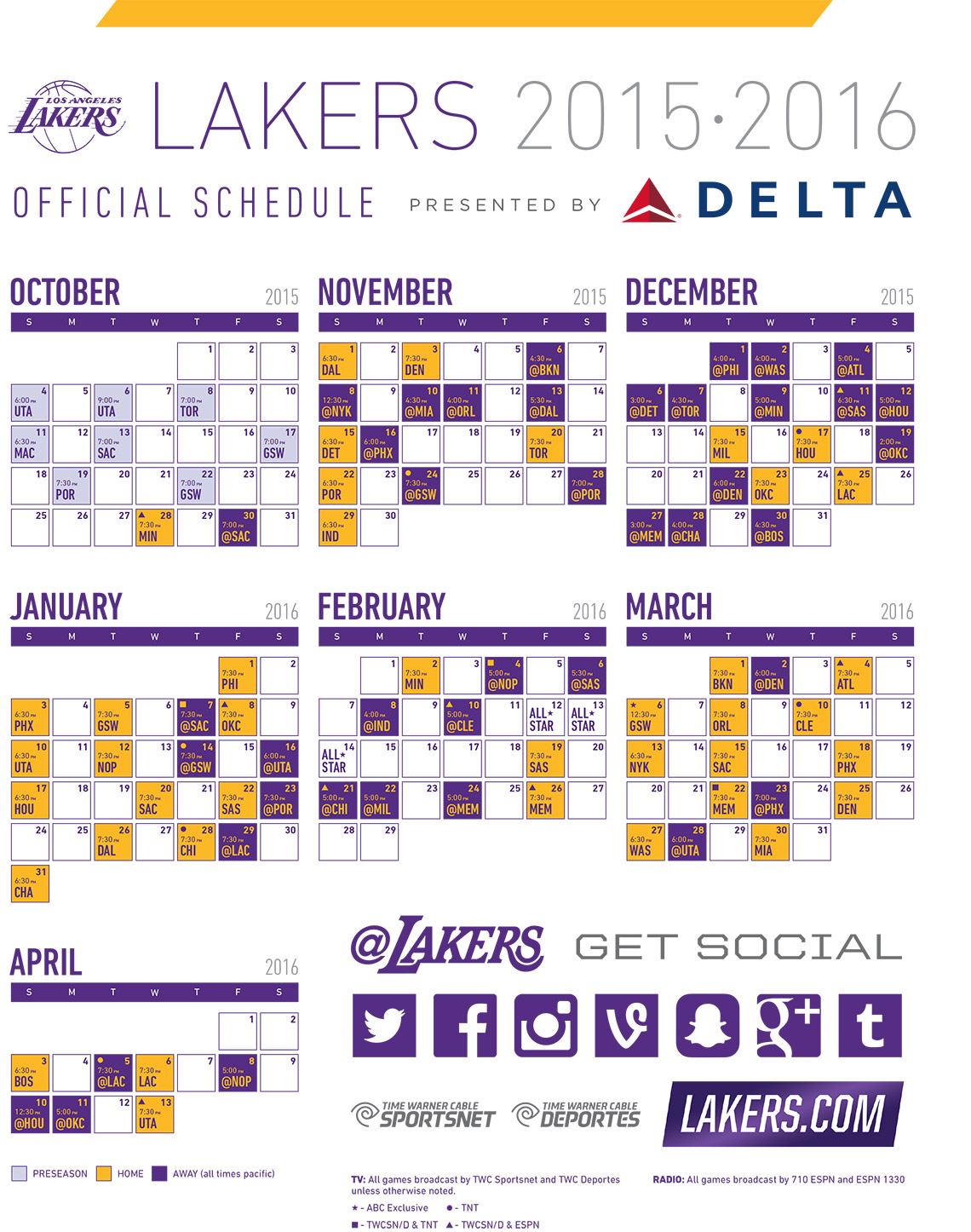 Printable Schedule Los Angeles Lakers