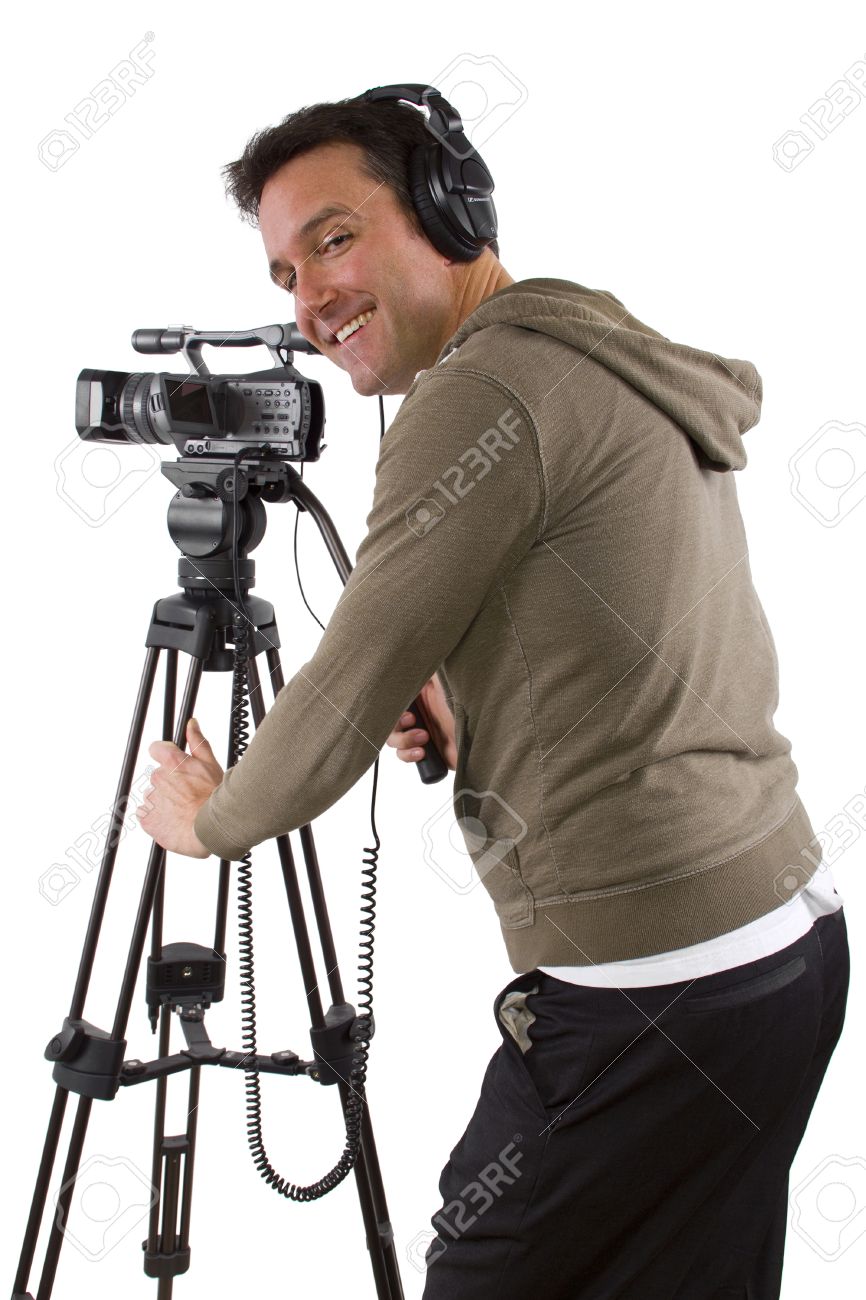 Video Camera Operator With Tripod On White Background Stock Photo
