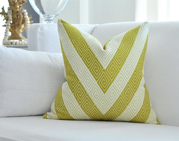 Cream Linen Greek Key Embroidered Pillow Chartreuse Green