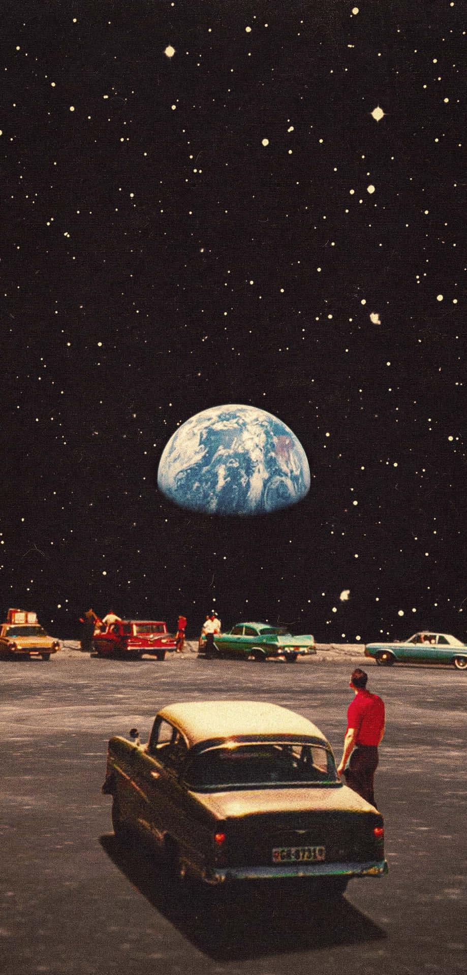 Vintage Trippy Retro Aesthetic Car Parked On The Moon