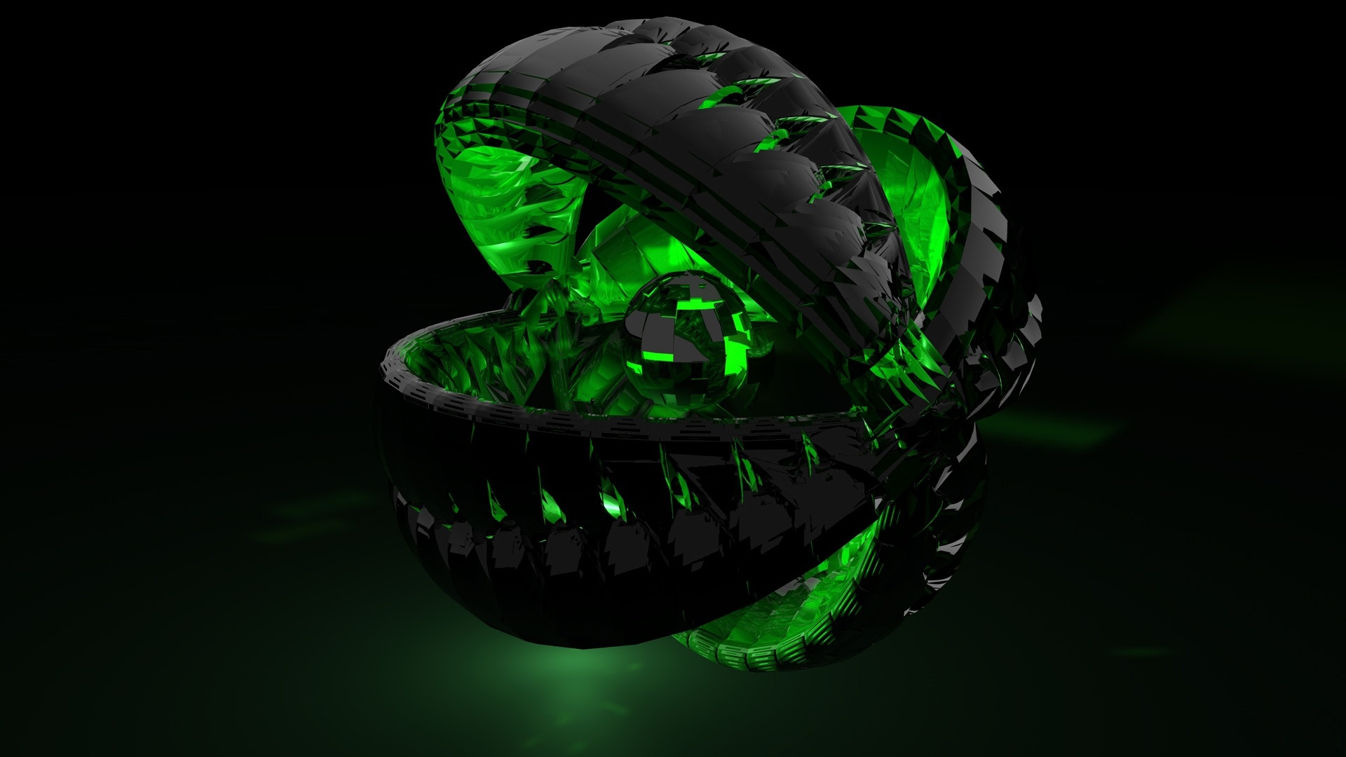 Abstract 3D rendering of a dark, intricate orb with glowing green accents, ideal for a desktop wallpaper