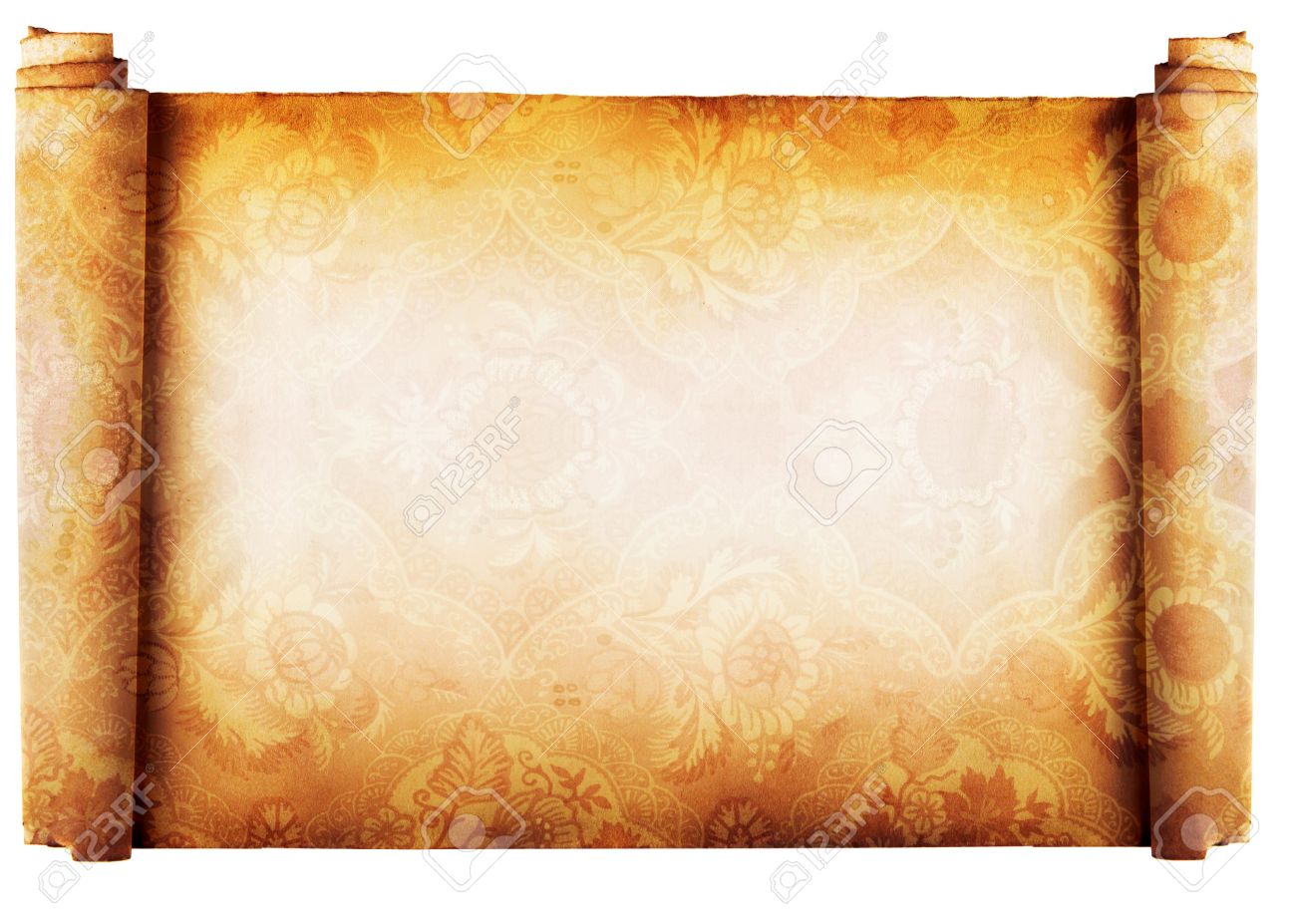 Vintage Roll Of Parchment Background Isolated On White Stock Photo