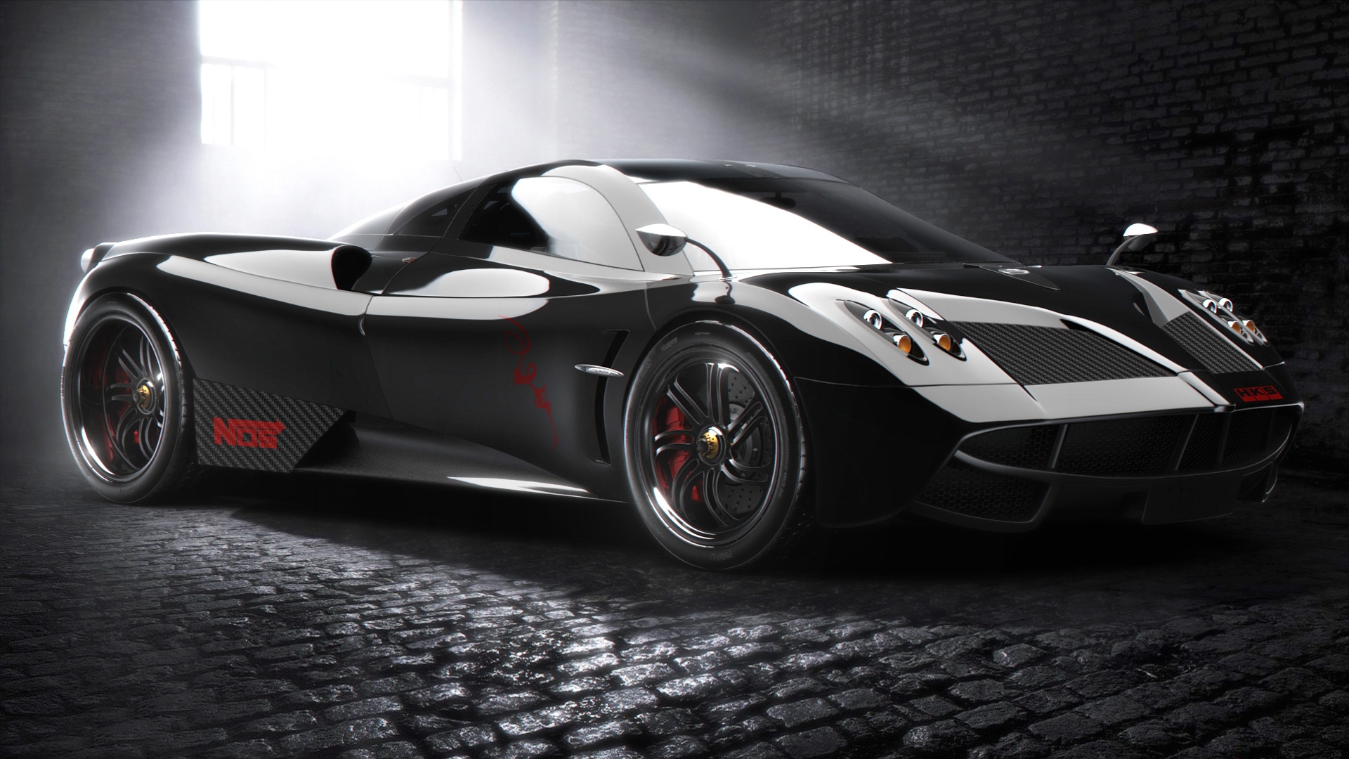 A sleek black Pagani Huayra supercar parked in a dimly lit cobblestone garage