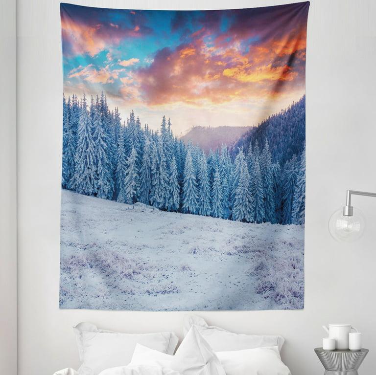 Nature Tapestry Winter Snowy Mountain Valley With Pines Sunset