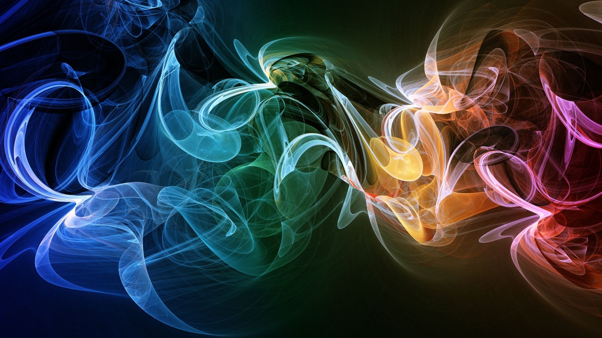 Abstract swirling smoke wallpaper in vibrant rainbow colors, 1920x1080 resolution