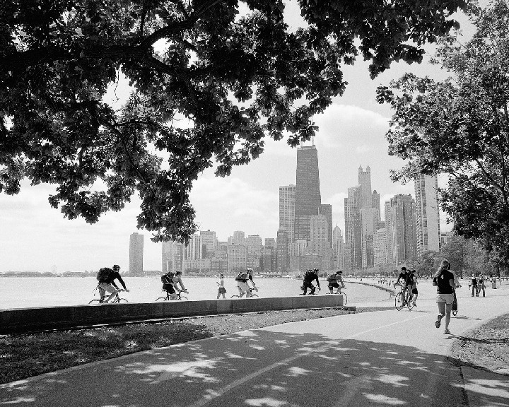 Chicago Black White Wallpaper Lakefront Bike Path On Lake