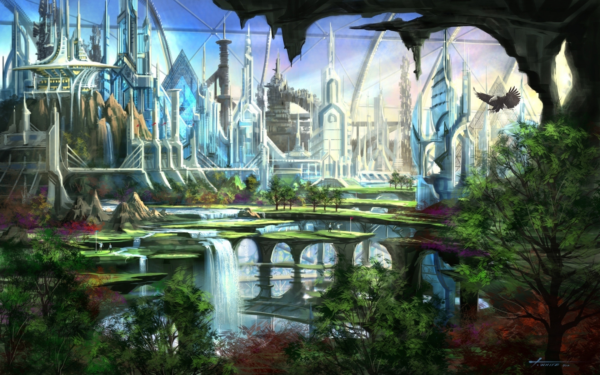 Fantasy Art Cities Waterfalls Nature Trees Wallpaper